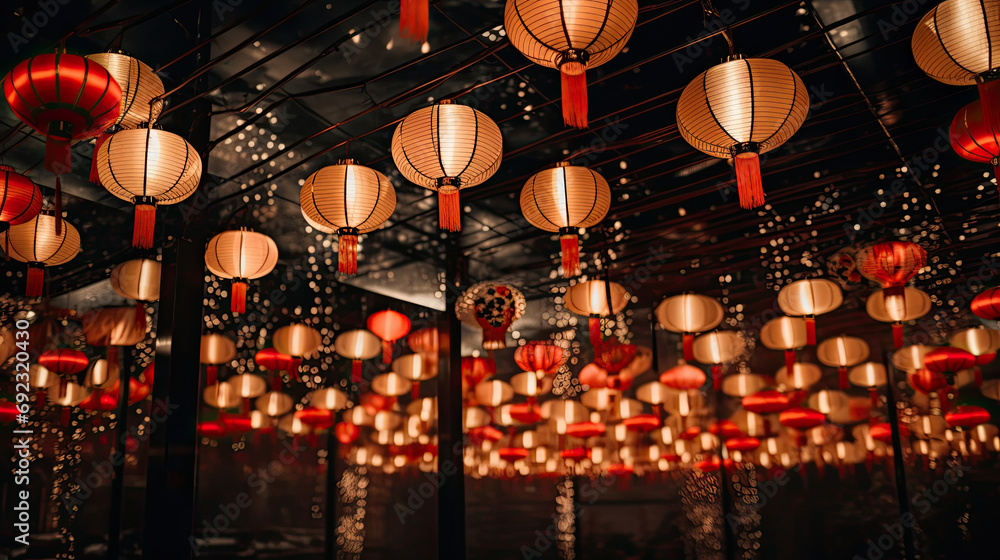 red lanterns hung on the ceiling at night, Perfect for Chinese New Year, Asian restaurant decor, cultural events, or festive atmosphere in interior design. Creates a warm and inviting ambiance. red lanterns hung on the ceiling at night, Perfect for Chinese New Year, Asian restaurant decor, cultural events, or festive atmosphere in interior design. Creates a warm and inviting ambiance.