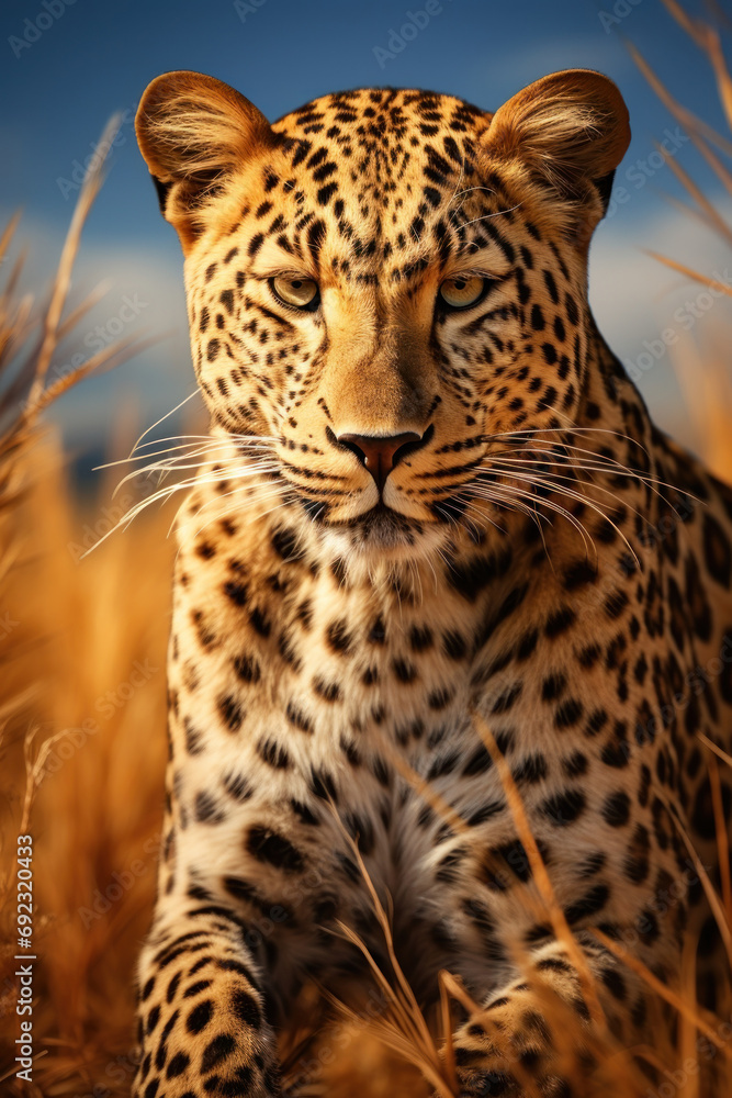 Obraz premium Adult angry leopard in african savannah. Created with Generative AI
