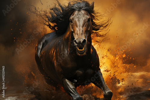 Horse running with smoke, dirt and wind. Created with Generative AI © Uliana
