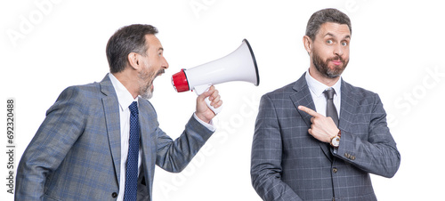 Fotografie rivalry business conflict of businessman shouting on employee in loudspeaker iso
