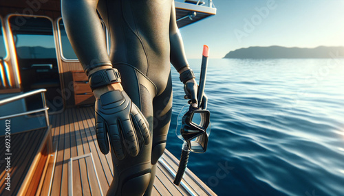 une personne portant des gants de plongée, un masque et un tuba sur un bateau de pêche 