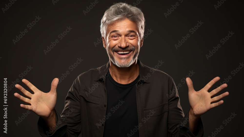 A man in his mid-20s with grey hair is wearing a dark colored shirt and crosses his fingers to make a wish, while standing over a brown background and feeling excited.