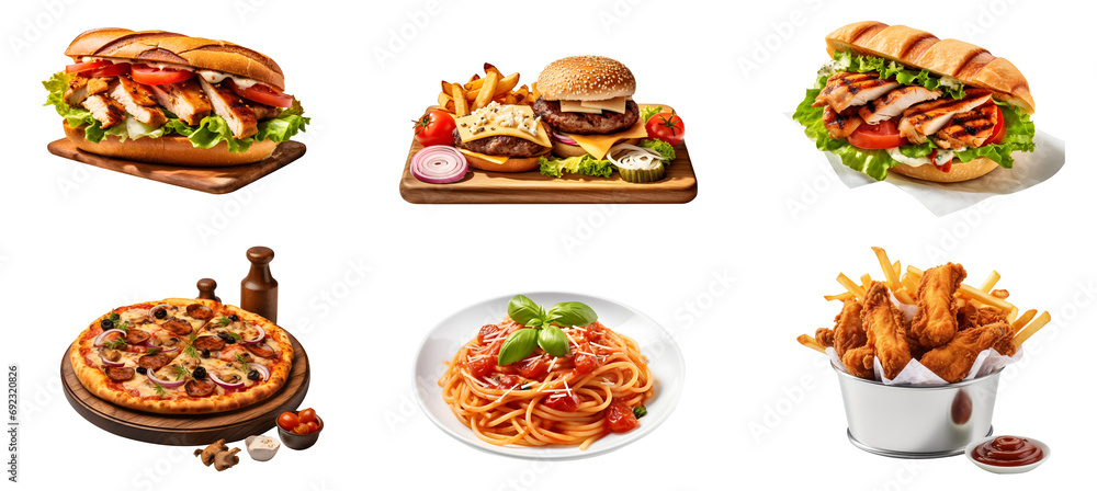 Set of fast food, Sandwich with grilled chicken, Hamburger with French fries on wooden plate, Pizza, spaghetti, bucket holds fried chicken, delivery foods isolated on white transparent background Set of fast food, Sandwich with grilled chicken, Hamburger with French fries on wooden plate, Pizza, spaghetti, bucket holds fried chicken, delivery foods isolated on white transparent background
