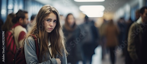 Woman at busy university feeling anxious and sad. Student in hallway before important event. Girl waiting in lobby with blurred people. photo