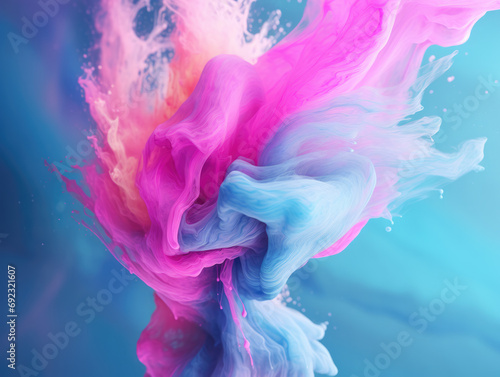 Abstract image of flowing and colliding pink and blue liquids