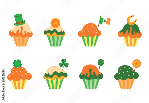 Set of cupcakes for St. Patrick's Day. Vector illustration. Colorful treats for the Irish holiday.