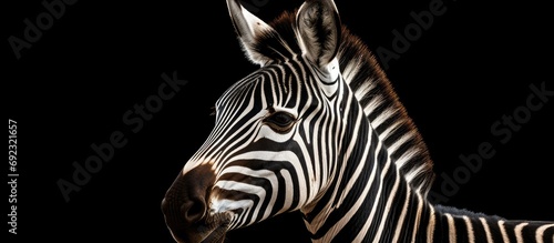 Dark close-up of Grevy zebra. photo