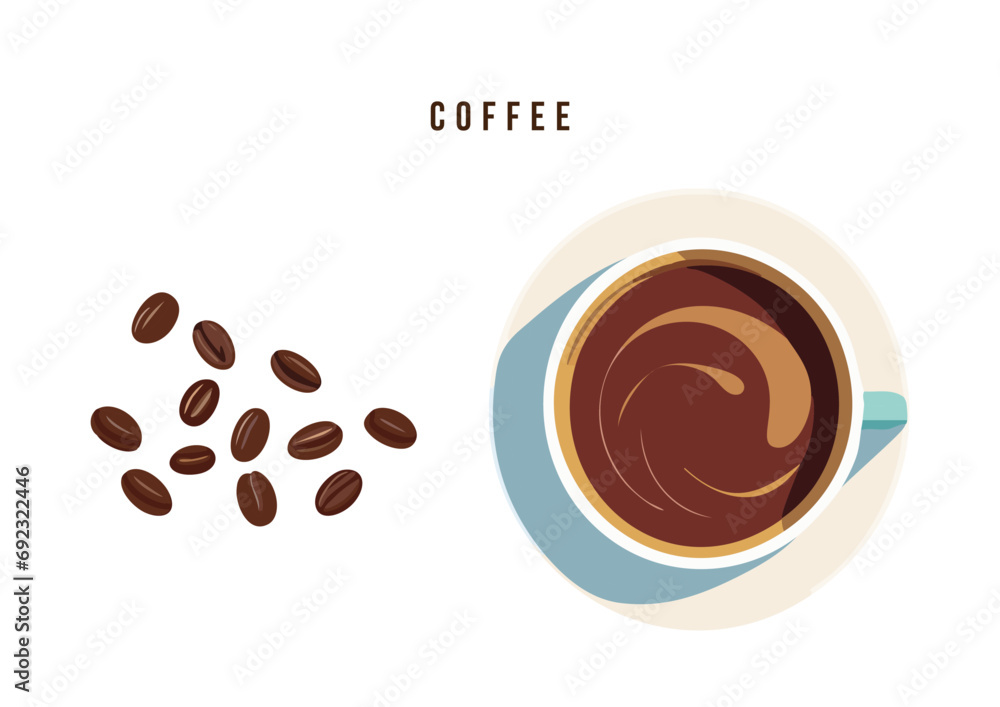 Obraz premium コーヒーの入ったカップと珈琲豆のイラストのセット