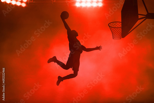 Canvas Print 3d illustration shadow silhouette of young professional basketball player slam d