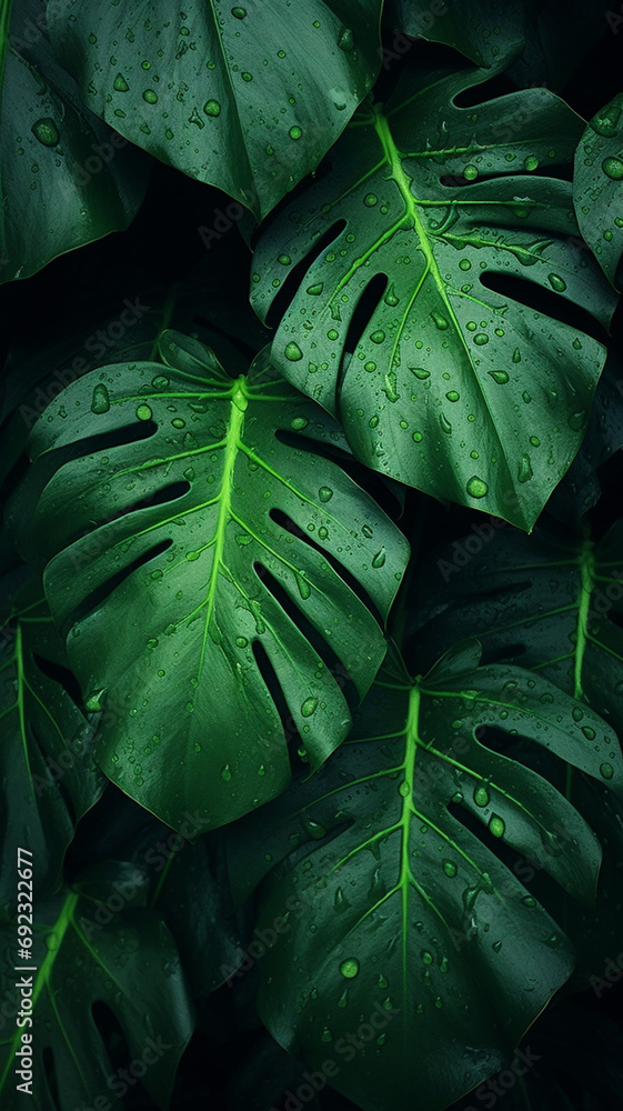 Foliage of tropical leaf in dark green with rain illustration Foliage of tropical leaf in dark green with rain illustration