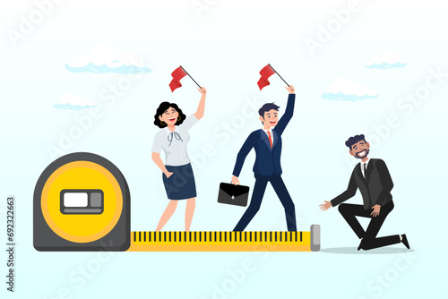 Businessman manager measure employee success with measuring tape, measure employee performance, evaluation or assessment, staff improvement or success level, appraisal, goal and achievement (Vector)