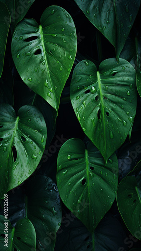Foliage of tropical leaf in dark green with rain wallpaper