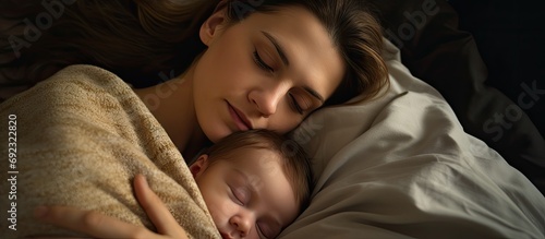 Sleep-deprived millennial mother cradles slumbering infant; experiencing fatigue, responsibilities, and sleep issues.