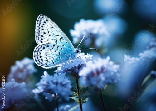 A photorealistic image of a light blue butterfly perched on a delicate flower petal. The camera