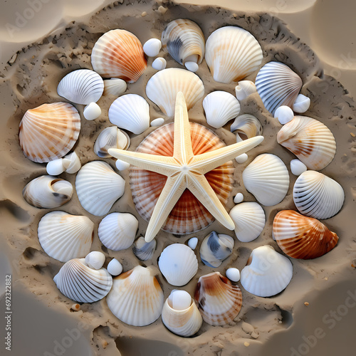 A symmetrical arrangement of seashells on a sandy beach