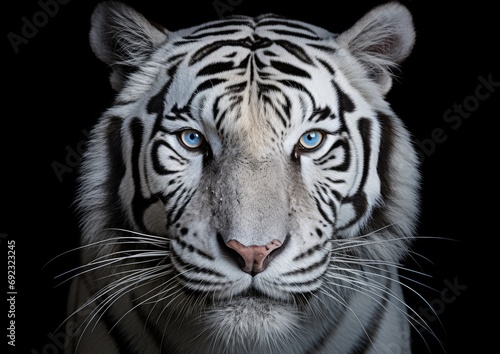 A photorealistic image of a majestic white tiger, captured in a close-up portrait style against a © Sascha