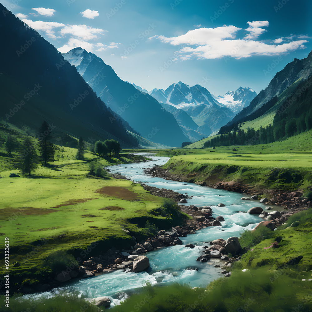 Tranquil river winding through a vibrant green valley