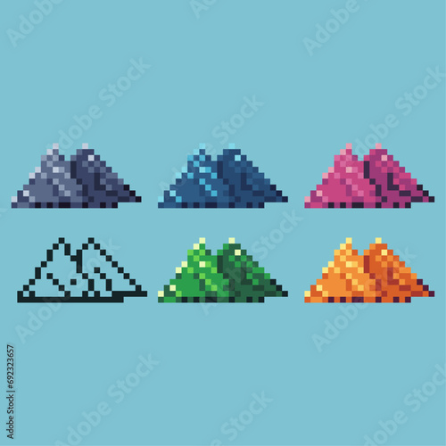 Pixel art sets of mountains icon with variation color item asset. Mountains icon on pixelated style. 8bits perfect for game asset or design asset element for your game design asset