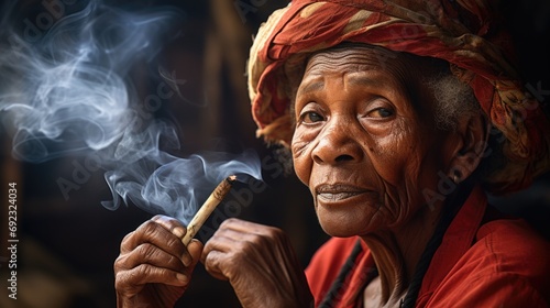 Cuban lady rolling and smoking a large cigar photo