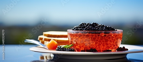 Outdoor furshet table with red and black caviar and vodka, covered and served. photo