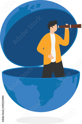 Entrepreneur open globe using binoculars looking for future vision. World economic vision or international opportunity for business, work or investment, searching for oversea business concept.

