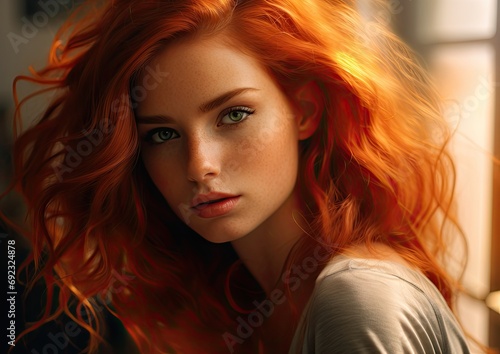 A photorealistic portrait of a woman with fiery red hair, captured in natural light to accentuate