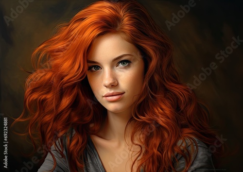 A photorealistic portrait of a woman with fiery red hair, captured in natural light to accentuate