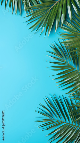 Tropical palm leaf frame on blue design