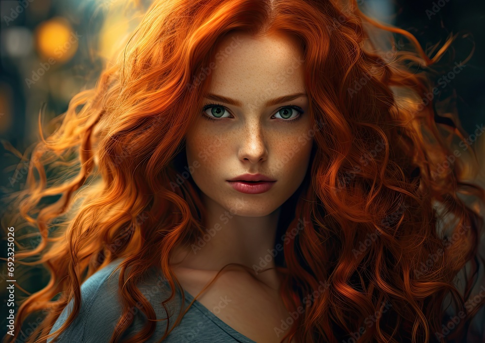 A photorealistic portrait of a woman with fiery red hair, captured in natural light to accentuate