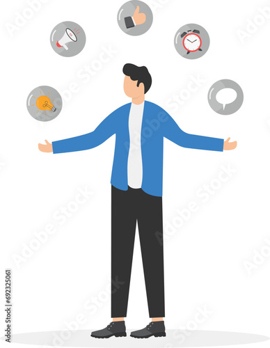 Soft skills or personal attribute to be success, confident businessman with elements of soft skills, networking, empathy, time management or communication skill, problem solving and creativity.

