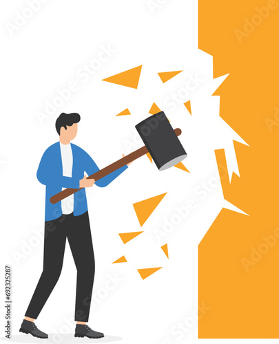Breakthrough business boundary or limit, breaking the wall to see new work opportunities or career challenge concept, superpower businessman crack or breaking the wall with hammer to see light outside