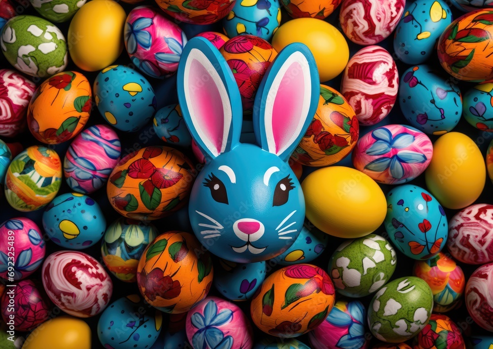 A pop art-inspired Easter background featuring a collage of colorful eggs and bunnies. The image is A pop art-inspired Easter background featuring a collage of colorful eggs and bunnies. The image is