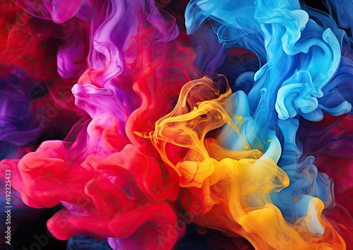 A pop art-inspired composition of smoke, captured in vibrant primary colors. The smoke forms bold