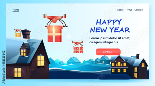 delivery drones carrying gift present boxes on snowy roofs merry christmas happy new year winter holidays airmail concept horizontal