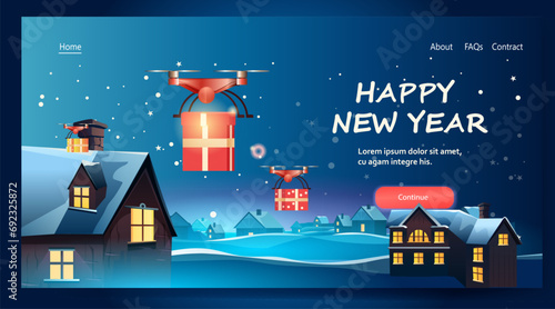 delivery drones carrying gift present boxes on snowy roofs merry christmas happy new year winter holidays airmail concept horizontal