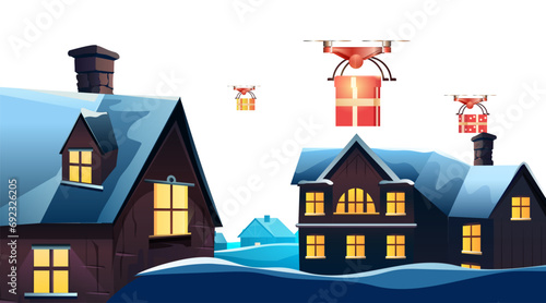 delivery drones carrying gift present boxes on snowy roofs merry christmas happy new year winter holidays airmail concept horizontal