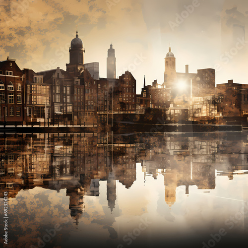 Urban skyline reflected in the shimmering waters of a canal