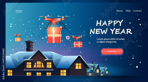 delivery drones carrying gift present boxes on snowy roofs merry christmas happy new year winter holidays airmail concept horizontal