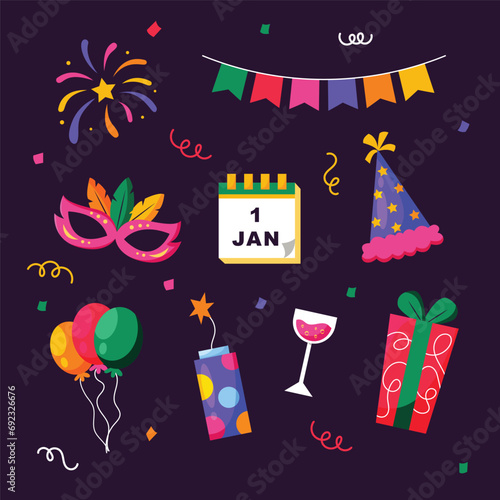 Happy New Year Elements Vector Illustration Confetti, Fireworks, decorative hanging flags, Date 1 January, Gift Box Party Asset