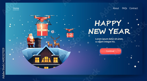 santa claus with delivery drones carrying gift box on snowy house roof merry christmas happy new year winter holidays airmail concept