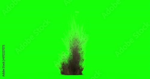 Bullet hit on dirt with chunks and debris flying. Dusty explosion on black background and green screen with alpha channel. Close up. Variations 