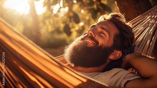 On a warm summer day, there is a bearded man lounging in a hammock. photo