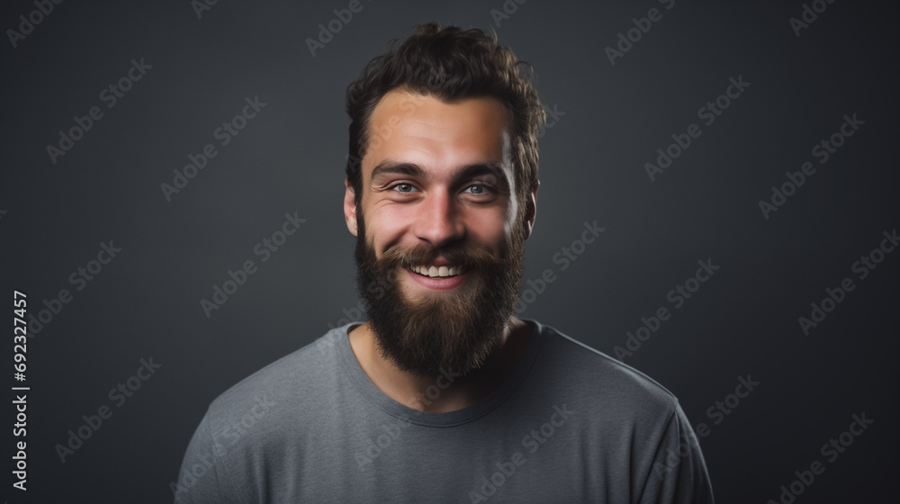 Happy young european man with beard and stylish hairstyle. Positive expression studio portrait. AI generated.