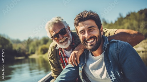 Happy father and son spending of time to talking together and relaxing with smile, enjoy with happy moment, family relationship concept, father's day. photo