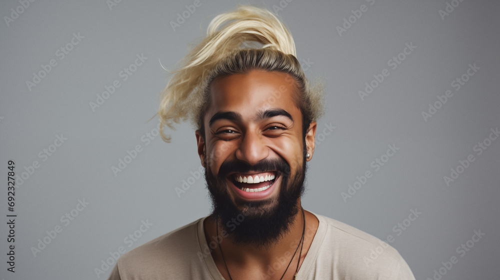Obraz premium Happy young indian man with beard and stylish white hairstyle. Studio portrait. AI generated.