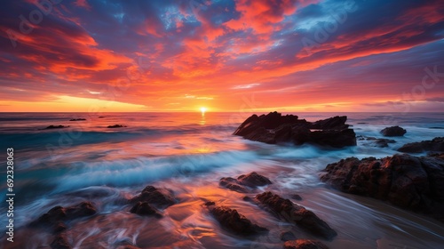 The seashore is illuminated by a bright and colorful sunrise. © Akbar