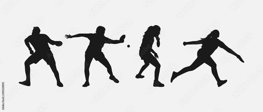 set of silhouettes of table tennis players with different poses, gestures. isolated on white background. vector illustration.