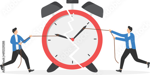 Businessman using rope to pull minute and hour hand to break the clock metaphor of effort to manage time for multiple projects. Work deadline or time management.