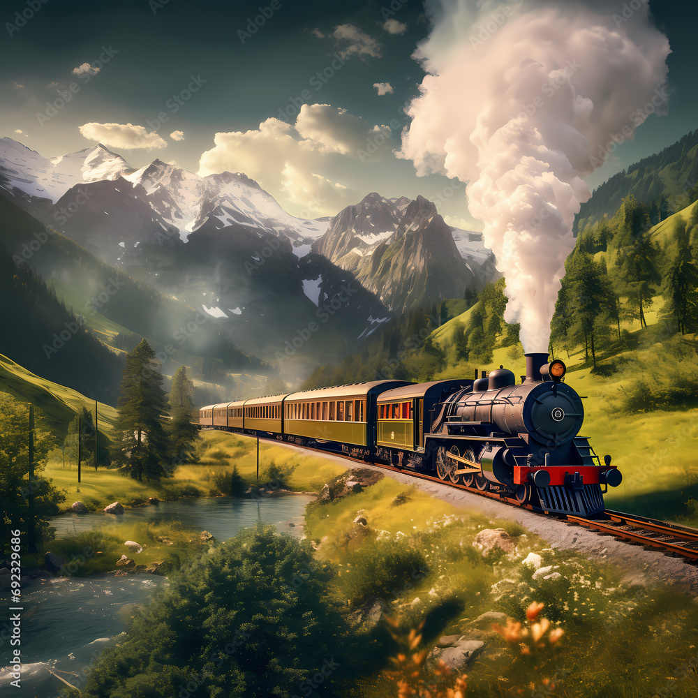 Vintage steam train chugging through a scenic mountain landscape