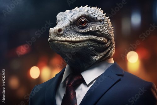 A lizard politician in a business suit, reptilian businessman conspiracy theory